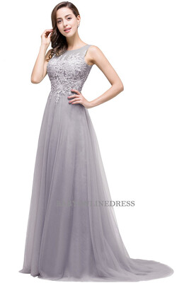 

Scoop Neck Lace Long Evening Dresses Hot Tulle Applique Robe De Soiree Floor Length Formal Gowns Prom Party Dresses