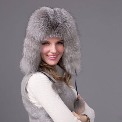

FURART hot warm autumn&winter female Fox fur bomber hat snow cap fur womens hat ladies leather ear caps