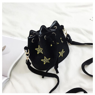 

SMOOZA 2018 velvet Womens Bucket Bag velour Winter suede Ladies string shoulder print stars small Female Messenger Bag
