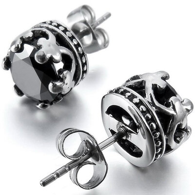 

Hpolw Mens 2PCS Stainless Steel Stud Earrings CZ Silver Black Royal King Crown Vintage Elegant Set
