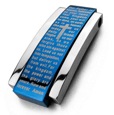 

Hpolw Men's Stainless Steel Pendant Necklace Silver Blue Bible Lords Prayer Cross Polished -with 23 inch Chain