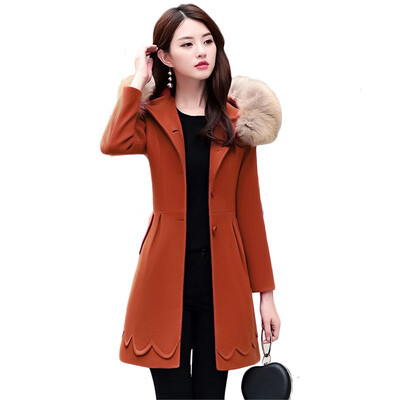 

2018 New Womens Winter Slim Woolen Korean Style Real Fur Collar Coat&Cotton Windbreaker Jacket Women Female
