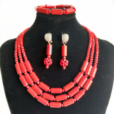 

3 Rows Pink Imitation Coral Nigerian Wedding Beads Jewelry Set Bridal Jewelry African Costume Jewelry Set for Women