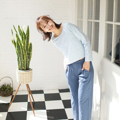 

Haizhining 17W49 Pajamas ladies sexy colorful nine-point sleeves long-sleeved trousers cotton home service suit home clothes two-piece light blue 175 XXL