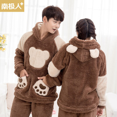 

Antarctic couple pajamas female winter sets of flannel long-sleeved cartoon bear coral fleece home service 00-7033 male models brown  code