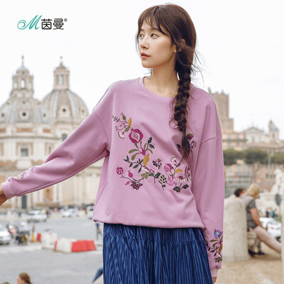 

INMAN 2018 autumn new round neck drop shoulder sleeves shrink hem embroidered wild sweater female 18830VP82231 shrimp powder M