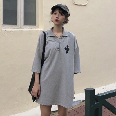 

women summer polo collar shirt long short sleeved T-shirt summer blouse loosen t shirt