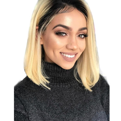 

T-top Hair Short Bob 613 Blonde Ombre 100 Virgin Human Hair Straight Glueless Lace Front Wig With Baby Hair And Natural Hairline