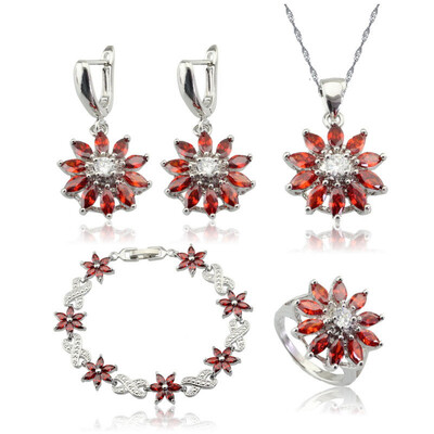 

Fashion Flower Red Stone Silver Plated Jewelry Sets for Women Two Colors Available Free Jewelry Box