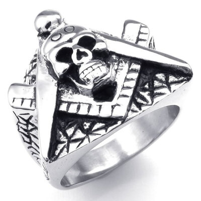 

Hpolw Mens Stainless Steel Ring, Skull Freemason Masonic, Black Silver