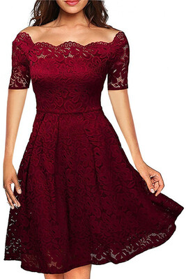 

New Arrial Boat Neck Cocktail Swing Dress Black Long Sleeve Floral Lace Knee Length Formal Party Dresses