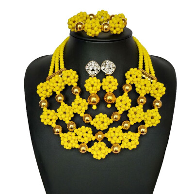 

Yellow Party Costume Crystal Jewelry Nigerian African Bridal Beads Jewelry Set Turkish Women Costume Wedding Statement Necklace