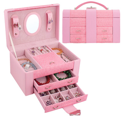

Lavi European-style small pair of crocodile pattern pink jewelry box exquisite leather buckle with mirror jewelry storage box