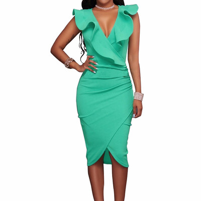 

Summer Dress Women Elegant Sexy Sleeveless V Neck Pencil Party Dresses Ladies Ruffles Bodycon Slim Midi Dress Vestidos De Festa