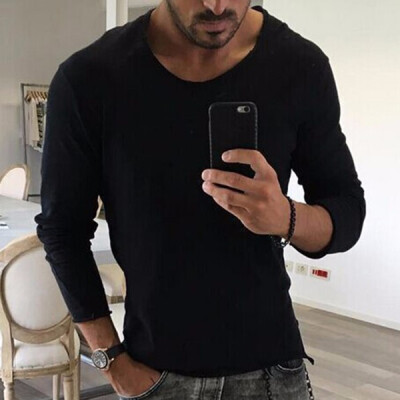 

Mens Fashion Casual Breathable Round Neck Long Sleeve Solid Color Raw Edge T-Shirt