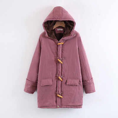 

2018 New Arrival Horn Button Lambskin Long Womens Cotton Coat Large Size Casual Slim Hooded Coat Outerwear Parka