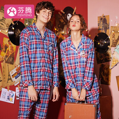 

Fenton home service couple mens cardigan classic plaid pajamas long-sleeved cotton suit L98931401 Red Ge men