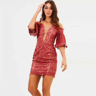 

PREISEI New Summer Women Sexy Dress Off shoulder Short Sleeve Flower Lace Hollow Mini Pencil Dress
