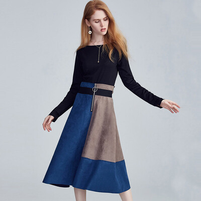 

Her Pool Womens 2018 Autumn New Solid Color Tops Collar Color Skirt Slim Temperament Set T73H2576A5XL Blue XL