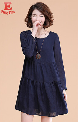 

M L XL XXL 3XL 4XL 5XL plus size casual autumn 2108 women dress long sleeve big size navy blue loose formal knee length lady