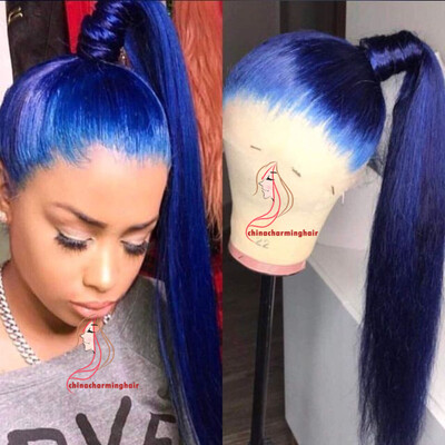 

Brazilian Virgin Human Hair blue Lace Front Wig 130 Density Top Quality blue hair Glueless Lace Wig
