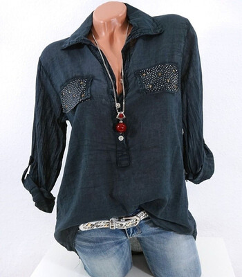 

New Womens Fashion Long Sleeve Lapel Pure Color Casual Loose Blouse