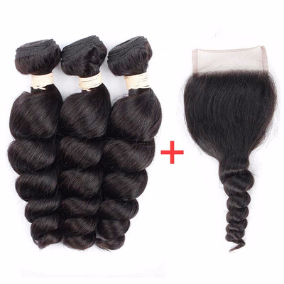 

HCDIVA Indian Virgin Hair Loose Wave 3 Bundle with Lace Closure 130 Density Natural Black Loose Curl with Bundle Hair 4Pcs lot