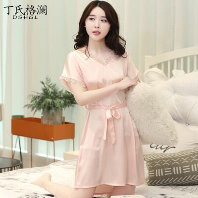 

Dings grate pajamas womens nightdress female summer solid color set of ice silk sexy temptation sexy lingerie home service J44729 skin color code