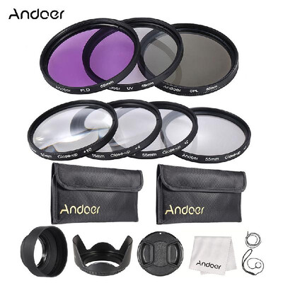 

Andoer 55mm UV CPL FLD Close Up 1 2 4 10 Lens Filter Kit with Carry Pouch Lens Cap Lens Cap Holder Tulip Rubber Lens Hoo