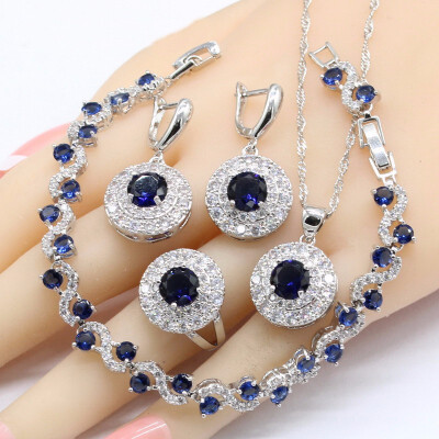 

Blue Black Sapphire 925 Silver Bridal Jewelry Sets Necklace Pendant Earrings Bracelets Rings For Women