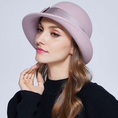 

Winter Warm Wool Hat Female Vintage All-match Elegant Hat Girls Fashion Wool Fedoras Hat Wide Brim Church Cap B-7329