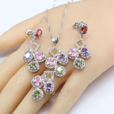 

925 Silver Bridal Jewelry Sets For Women 4 Colors Necklace Pendant Earrings Rings Free Gift Box