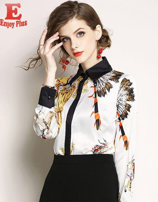 

S M L XL XXL office new summer 2018 women blouse shirt long sleeve white digital animal print slim elegant lady top