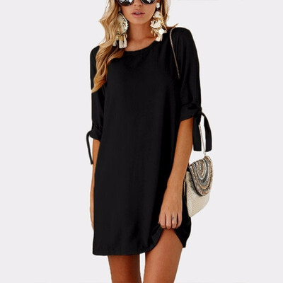 

2018 Spring Autumn Women Crew Neck Long Beam Sleeve Chiffon Loose Mini Dress Pullover Solid Color