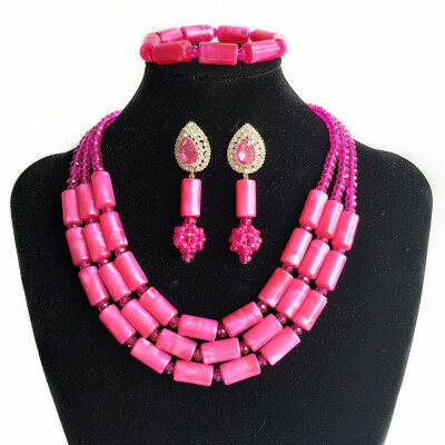 

3 Rows Pink Imitation Coral Nigerian Wedding Beads Jewelry Set Bridal Jewelry African Costume Jewelry Set for Women