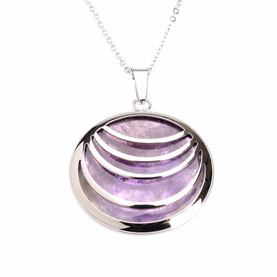 

Round Circle Lines Purple Quartz Crystal Pendant Stainless Steel Necklaces 17