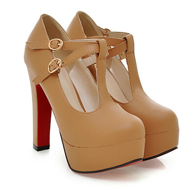 

IDIFU Womens Trendy Buckle T-Strap Round Toe Dress Shoes Chunky High Heel Platform Pumps