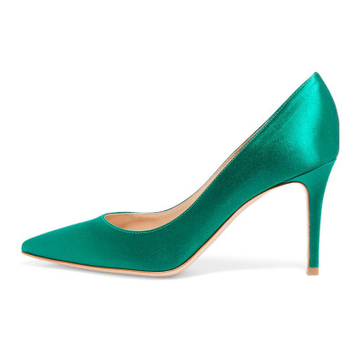 

Green satin Sharp head Shallow mouth Single shoes Fashion high heeled women shoes in office