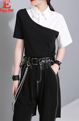 

S M L casual cotton new summer 2018 t shirt women short sleeve black&white slim top lady with collar&button