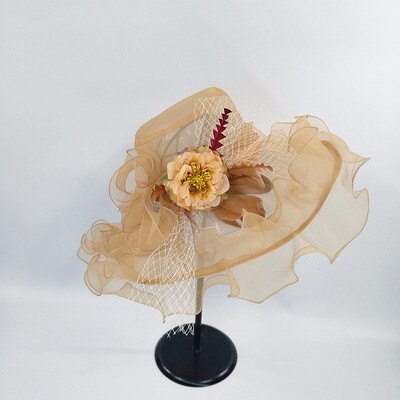 

Women Summer Hat Organza Ruched Flower Wide Brim Sun Hats Ladies Hat for Dress Wedding Church Kentucky Derby Beach Hat B-8632