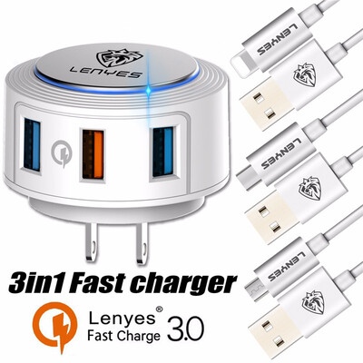 

3 in 1 Wall Charger Fast Charge 30 Multi Port 40A USB Charger adapter Portable with Type C iphone Android Fast Charging Cable