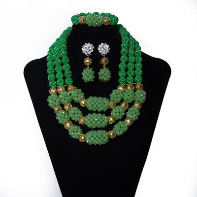 

3 Rows Green Women Crystal Jewelry African Statement Necklace And Earrings Bracelet Nigerian Wedding Jewellery Set Bridal Jewelry