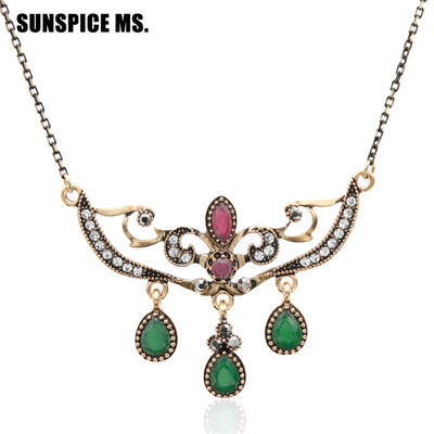 

New Vintage Turkish Women Flower Pendant Necklaces Antique Gold Color Water Drop Resin Indian Wedding Jewelry Ethnic Choker 2018