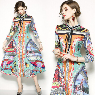 

DFYOP Summer New high-end stand Collar nine Points Sleeve High Waist Slimming Dress