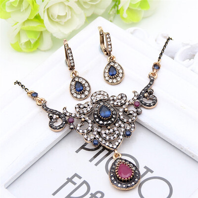 

New Turkish Wedding Vintage Jewelry Sets Gray Crystal Drop Earring Flower Charm Necklace Antique Gold Color Bohemia Party Bijoux