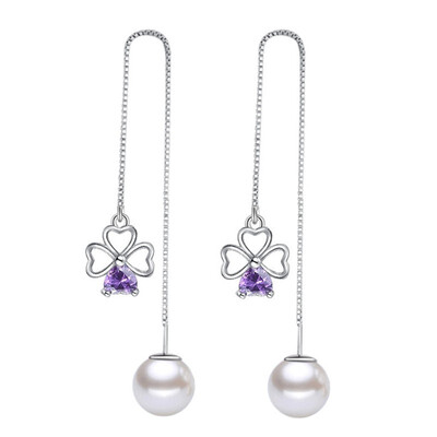

Heart Purple Cubic Zirconia Drop Earrings Fashion Jewelry Long Chain Party Lady Dangle Earring Clover Simulated Pearl