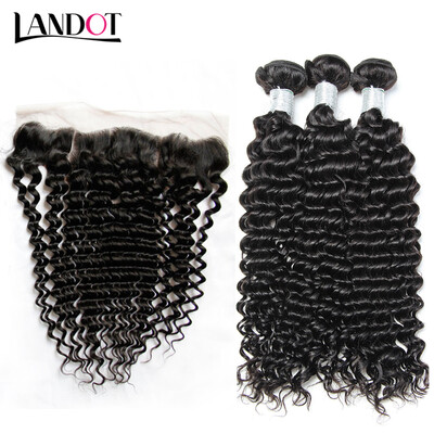 

9A Lace Frontal Closure With 3 Bundles Peruvian Curly Virgin Human Hair Weave 4Pcs Lot Unprocessed Deep Kinky Curl Hair Extensions