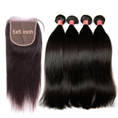 

10A 5x5 Lace Closure With 3 Bundles Indian Straight Virgin Hair Unprocessed Human Hair Weave And Closure Natural Color Can Bleach