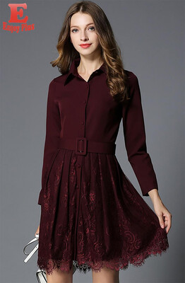 

S M L XL XXL elegant new autumn 2018 women dress long sleeve red slim office lady A line lace with belt knee length