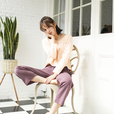 

Haizhining pajamas womens long sleeve suit spring&autumn cotton nine-point sleeve trousers sexy sweet loose autumn winter can be worn outside ladies home service two-piece light orange 175XXL